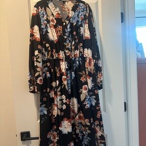 SHEIN Pink and Orange Pleated Tiered Dress with V-Neck